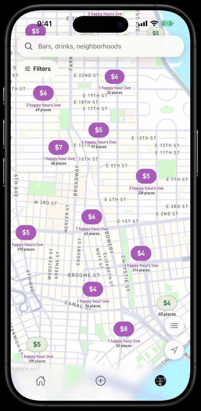 The Stoop map with a price on every pin, the happy hours running right now filled in orchid